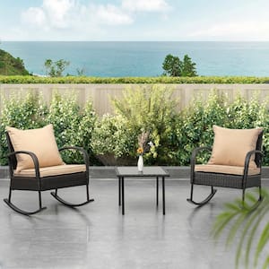 3-Piece Wicker Outdoor Bistro Set with Tan Cushions