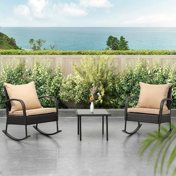 Crestlive Products 3-Piece Wicker Outdoor Bistro Set with Tan Cushions