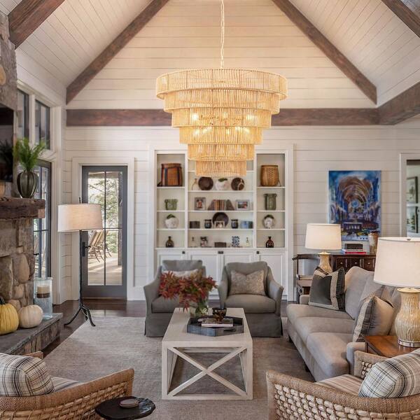 70.0 in. Farmhouse 12-Light Boho Gold Drum Chandelier with 5-Tier Design Rattan Shades, No Light Bulbs Included