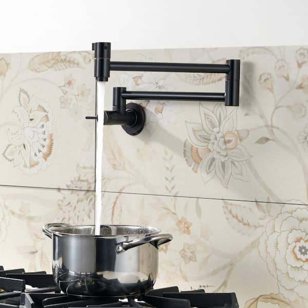 Brass Wall Mount Pot Filler with Double Handle, 2 aerators and Swing Arms Folding Kitchen Faucet in Oil Rubbed Bronze
