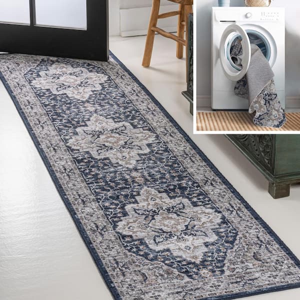 Didim Boho Gray Medallion Machine-Washable Navy/Light Gray 2 ft. x 8 ft. Runner Rug