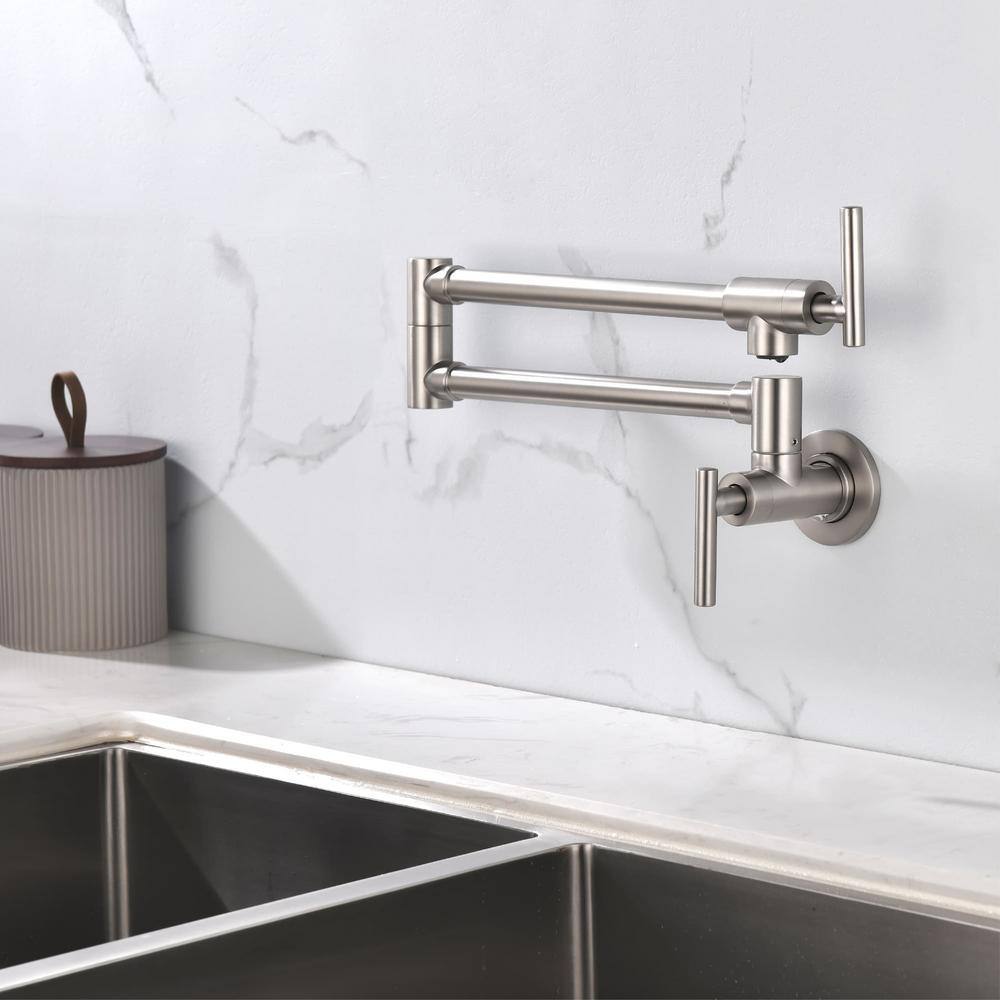 Brushed Nickel Wall-Mounted Double Handle Pot Filler Faucet