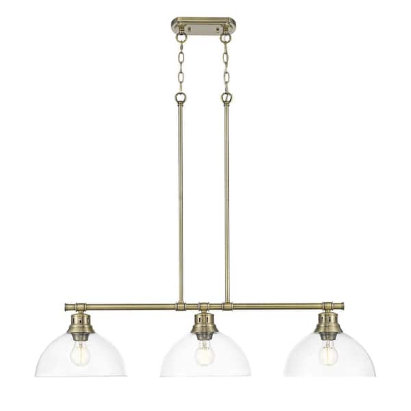 Duncan 300-Watt 3 Light Aged Brass Island Pendant Light with Clear Glass Shade, No Bulbs Included