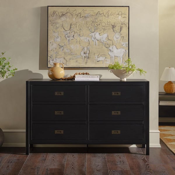 Walker Edison Furniture Company Modern Farmhouse Black 6-Drawer 57 in. Solid Wood Dresser