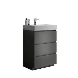 24 in Modern Bathroom Vanity Cabinet,3 Drawers Cabinets with White Sink Basin,Resin Top,Gray