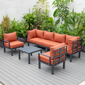 Chelsea 7-Piece Patio Sectional Seating Set Black Aluminum With Coffee Table & Cushions in Orange