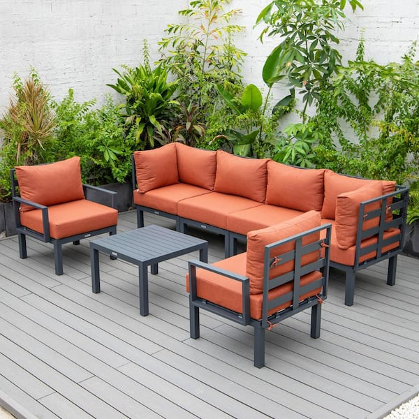 Leisuremod Chelsea 7-Piece Patio Sectional Seating Set Black Aluminum With Coffee Table & Cushions in Orange