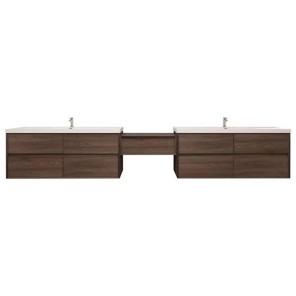 Kingdee 147 in. W x 20 in. D x 26 in. H Double Sink Middle Table Counter Bath Vanity in Red Oak with White Acrylic Top