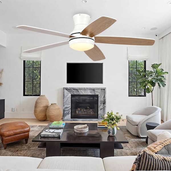 52 in. Smart Indoor White Low Profile Standard Ceiling Fan with Dimmable LED APP Remote and Two Blade Colors