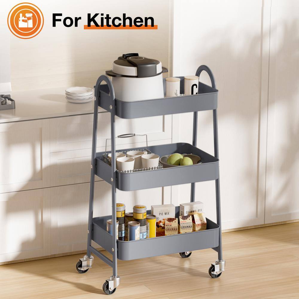 Gray Metal 3-Tier Rolling Kitchen Storage Cart