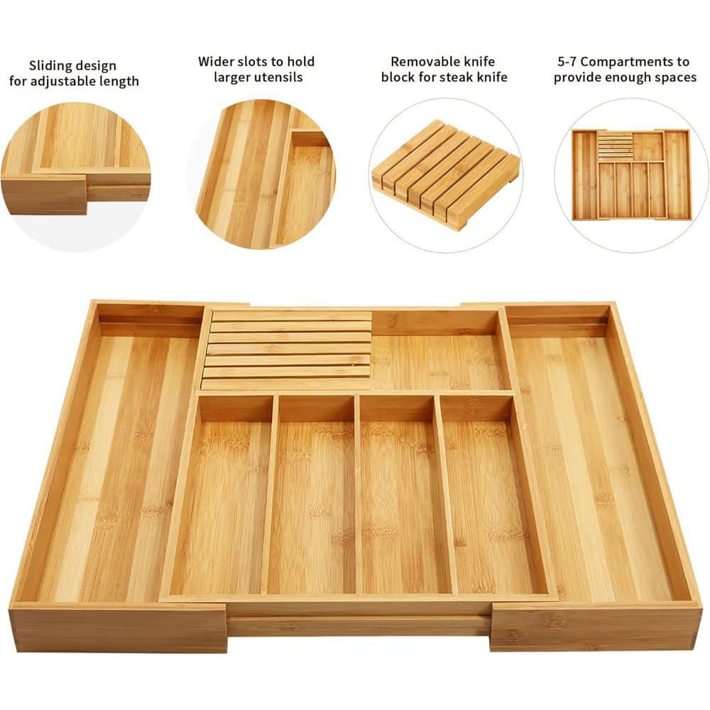 Expandable Bamboo Kitchen Drawer Organizer with Knife Block and Cutlery Tray, Multifunctional Utensil Organizer - Thumbnail 2