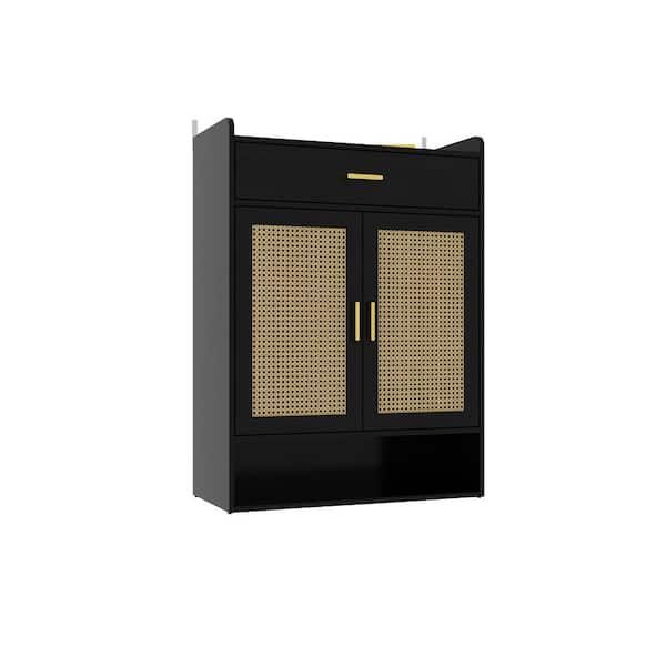 FUFU&GAGA 4 Compartments 12-Pair Black Wooden Shoe Storage Bench Cabinet Box 2-Doors, 1-Drawer and 4 Shelf