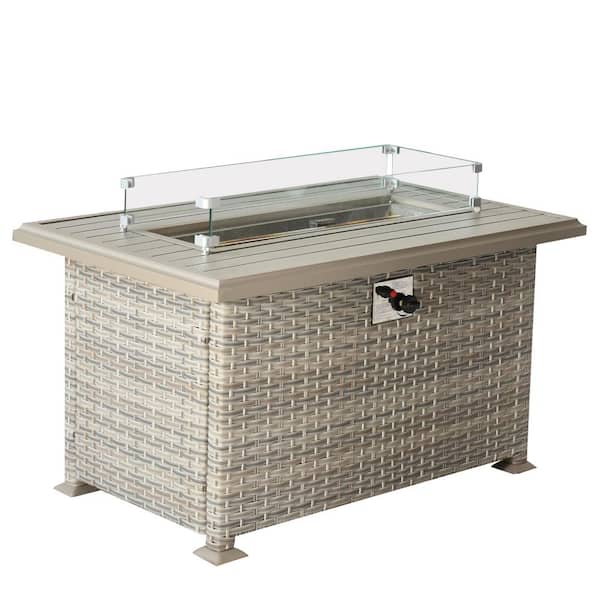 Tenleaf Beige Brown Rectangular Wicker Outdoor Gas Fire Table with Glass Wind Guard
