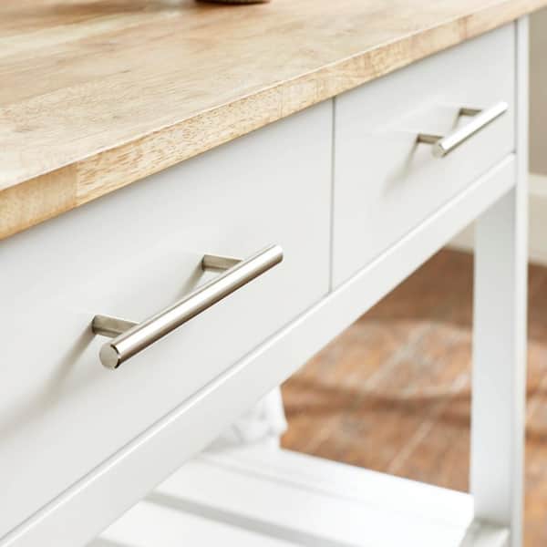 Glenville Cream White Rolling Kitchen Cart with Butcher Block Top, Double-Drawer Storage and Open Shelves (36" W)