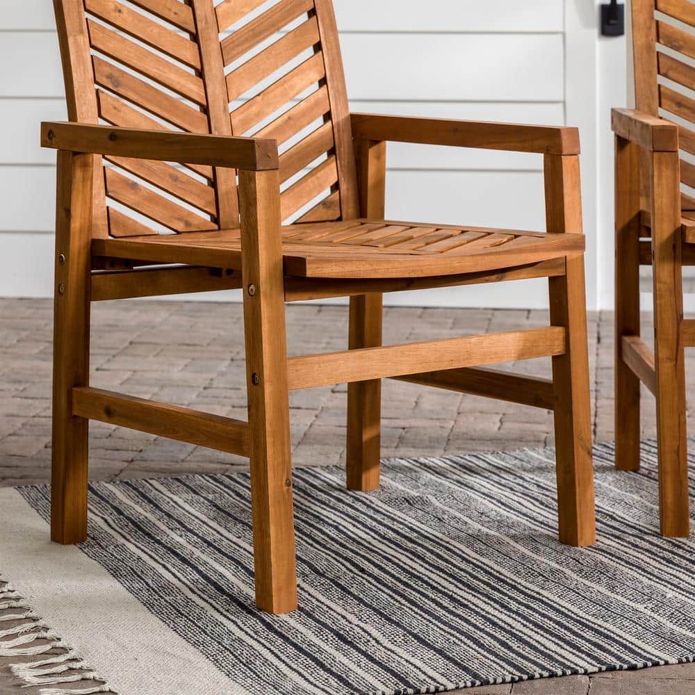 Set of 2 Brown Chevron Slatted Acacia Wood Patio Chairs