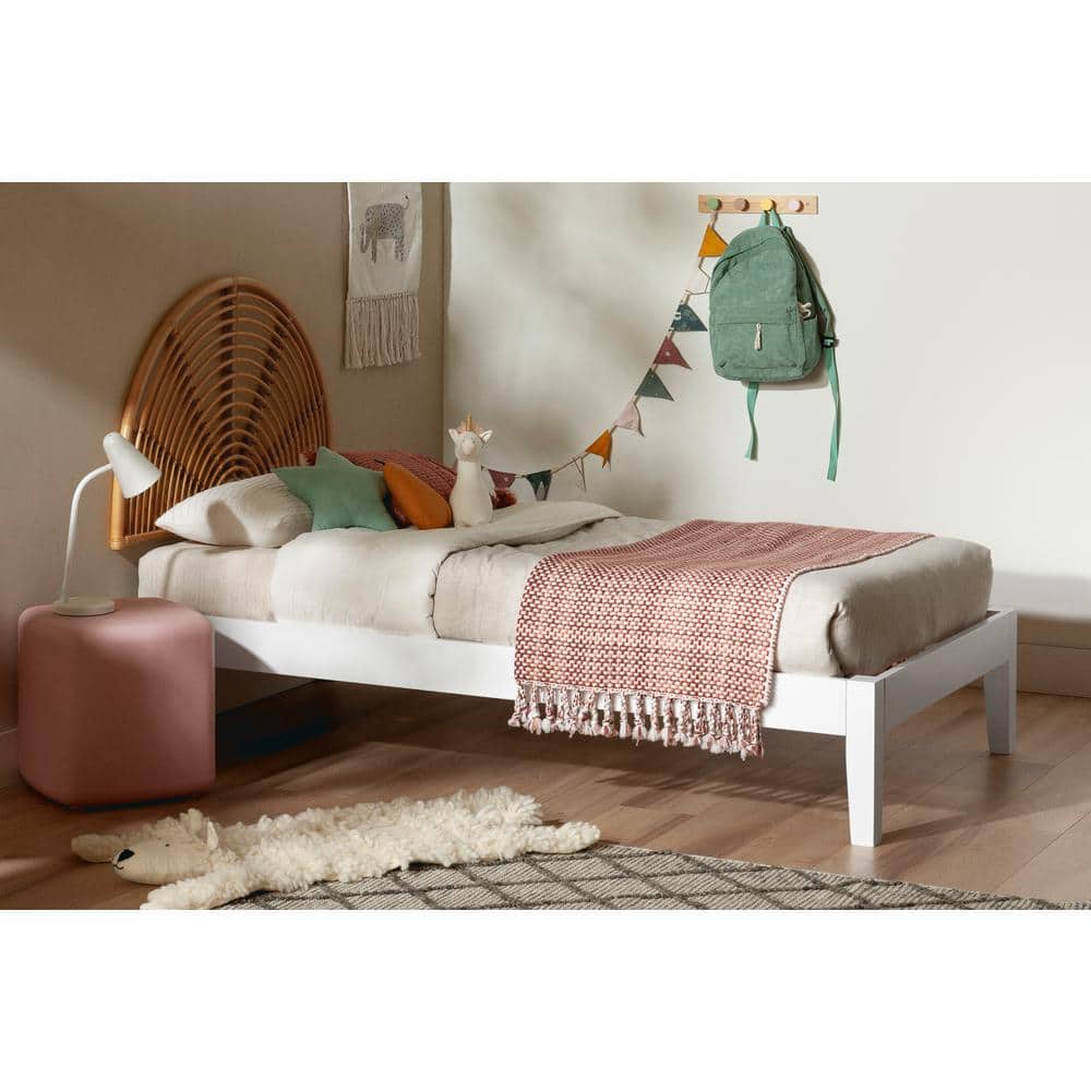 Twin White and Natural Wood Platform Bed with Rattan Headboard