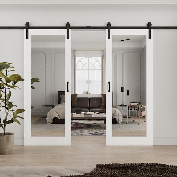 64 in. x 84 in. (Double 32 in. ) Paneled White Mirrored Glass White Primed MDF Sliding Barn Door with Hardware Kit