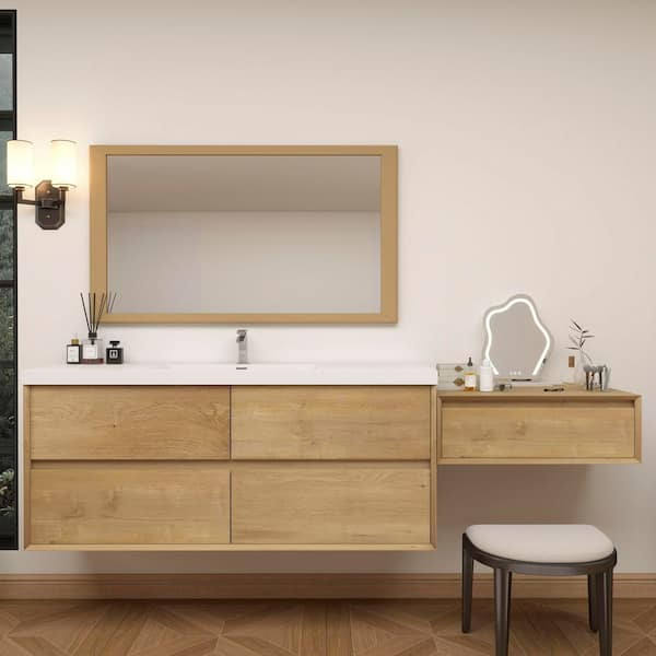 Kingdee 88 in. W x 20 in. D x 26 in. H Single Sink and Side Table Counter Bath Vanity in Teak Oak with White Acrylic Top