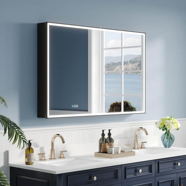ANGELES HOME 48 in. W x 30 in. H Rectangular Black Aluminum Recessed/Surface Mount LED Medicine Cabinet with Mirror, Double Doors