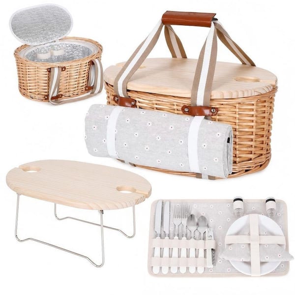 Wicker Insulated Picnic Basket with Waterproof Blanket, Picnic Baskets Kit for Camping