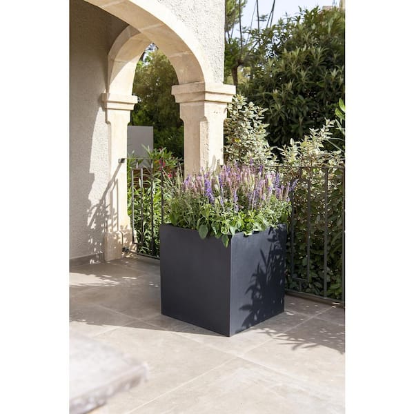 Block Medium 16 in. Tall Black Fiberstone Indoor Outdoor Modern Square Planter