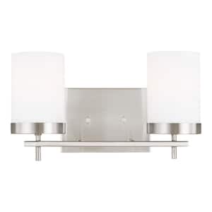 Zire 14 in. W 2-Light Brushed Nickel Bathroom Vanity Light with Etched White Glass Shades