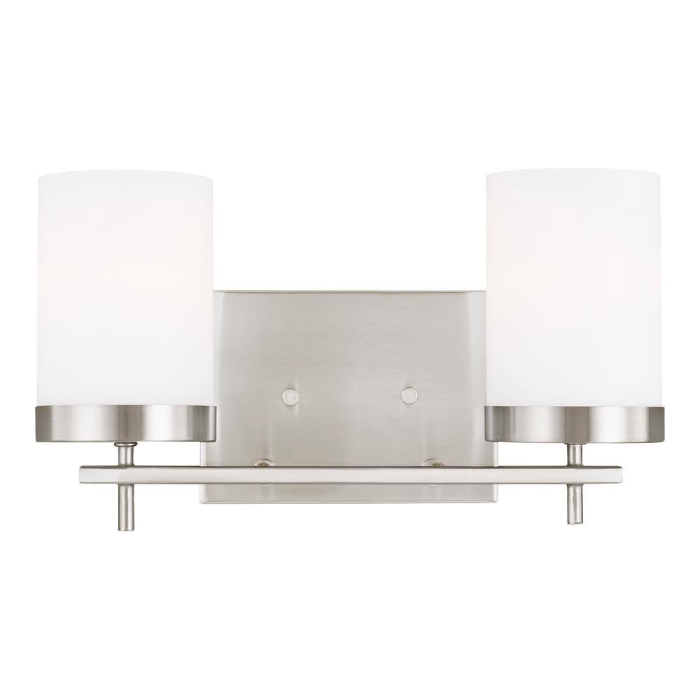 Brushed Nickel Two-Light Cylinder Wall Sconce with Etched Glass Shades