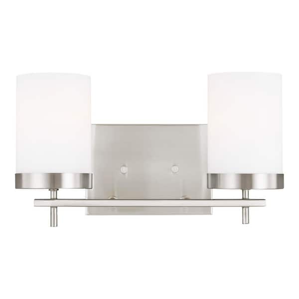 Studio Zire 14 in. W 2-Light Brushed Nickel Vanity Light with Etched White Glass Shades with LED Bulbs