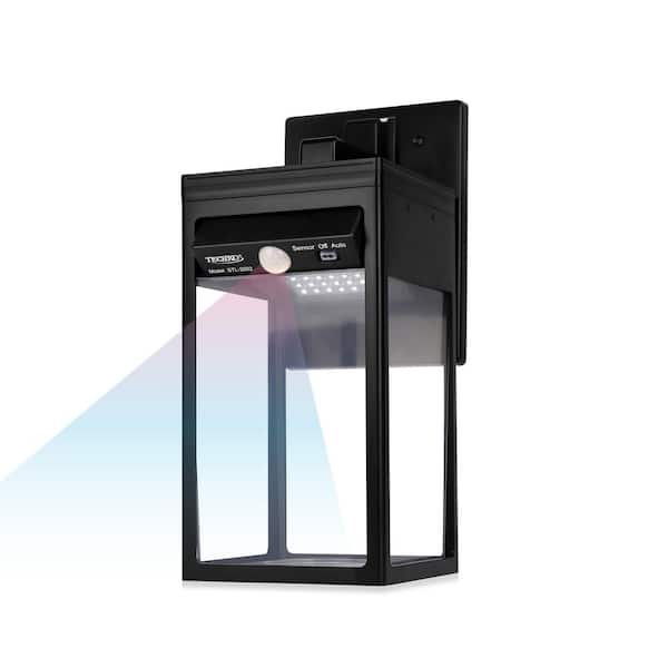 Modern Minimal Motion Sensing LED Outdoor Solar Lantern-Style Wall Light Sconce in Matte Black