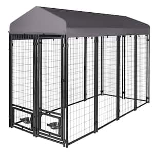 4 ft. x 8 ft. Outdoor Dog Kennel Fence with Rotating Feeding Door and Polyester Roof