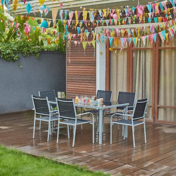 Black 7-Piece Iron Outdoor Dining Set with 6-Black Chairs and Black Tempered Glass Table