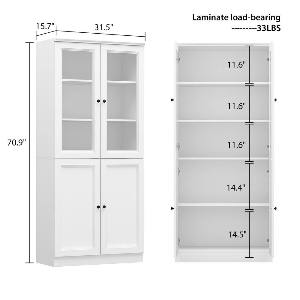 White Engineered Wood 5-Shelf Bookcase with Glass Doors