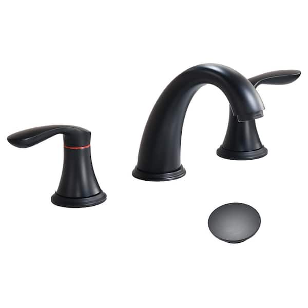 Pdpbath 8 in. Widespread Double Handle Bathroom Sink Faucet with Pop Up Drain in Matte Black