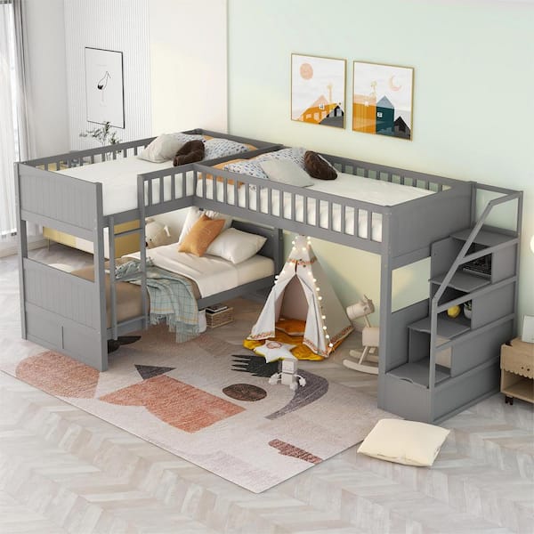 GODEER Gray Twin Over Twin Wooden L-Shaped Bunk Bed With Ladder and Stairway