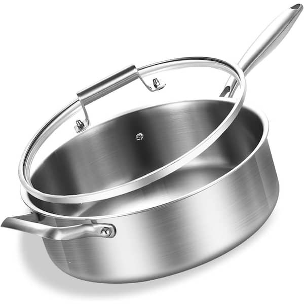 8 Quart Stainless Steel Tri-Ply Saute Pan with Lid 13 Inch Induction Deep Frying Large Skillet Oven Safe