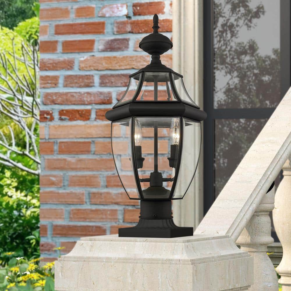 Monterey Elegance 2-Light Black Brass Outdoor Post Lantern with Clear Beveled Glass