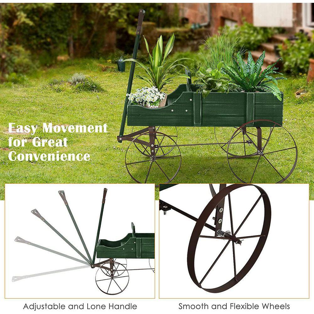 Green Fir Wood Wagon Planter with Metal Wheels