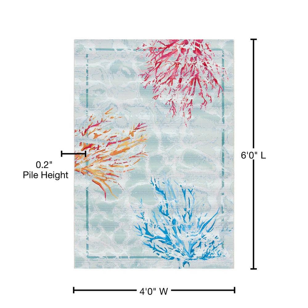 Teal and White Tropical Coral Design Synthetic 4' x 6' Area Rug