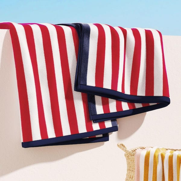 FRESHFOLDS Red / Navy 100% Cotton Stripe Border 2-Pack Oversized Beach and Pool Towels