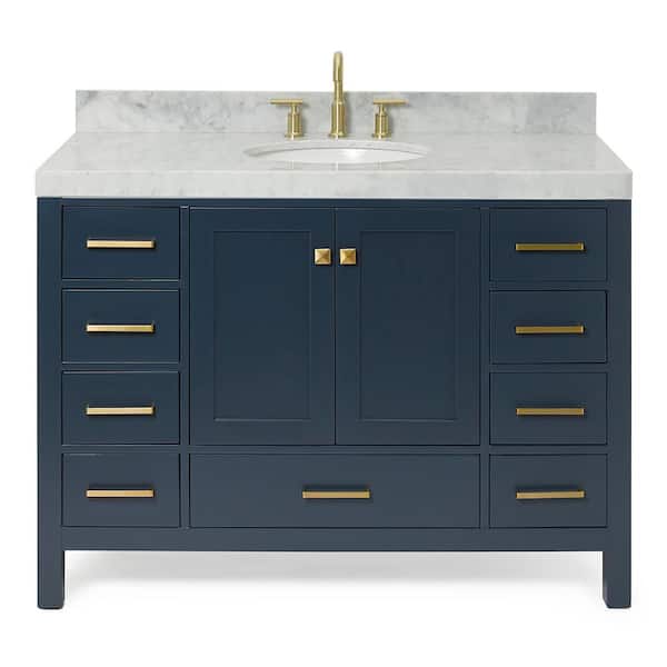 Cambridge 48 in. W x 22 in. D x 36.5 in. H Single Sink Freestanding Bath Vanity in Midnight Blue with Carrara Marble Top