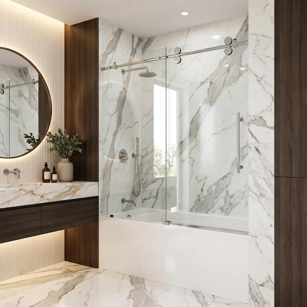 VIGO Elan 56 to 60 in. W x 66 in. H Sliding Frameless Tub Door in
