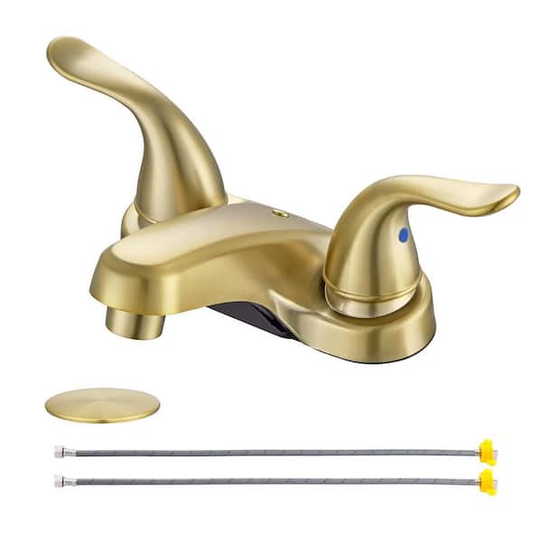 Lukvuzo Quality 4 in. Centerset Double Handle Low Arc Bathroom Faucet with Pop-up Drain Kit Included in Brushed Gold
