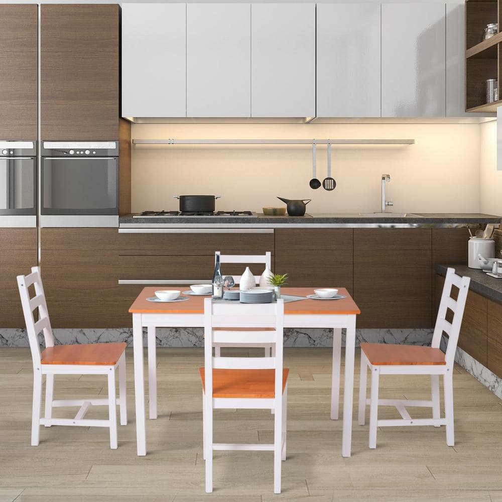 5-Piece Light Wood and White Pine Dining Set with Ladderback Chairs