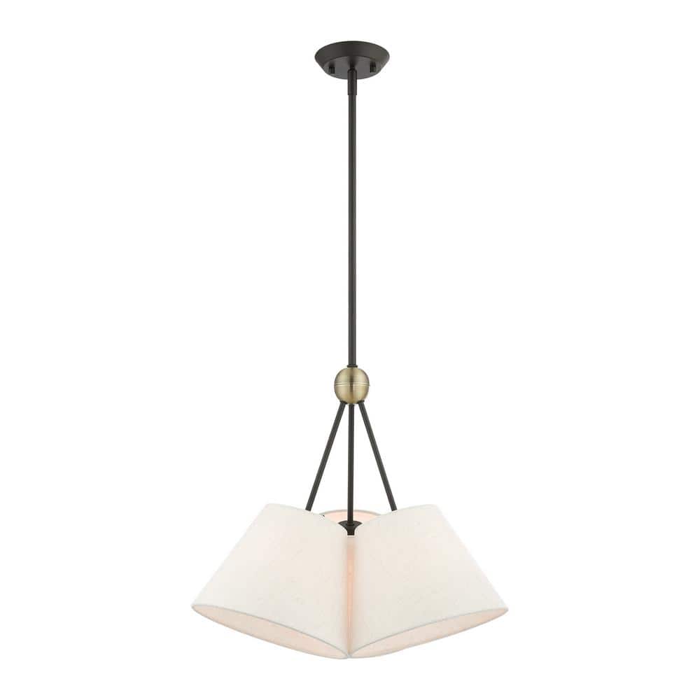 Elegant Symphony 3-Light Bronze & Crystal Chandelier with Oatmeal Fabric Shades