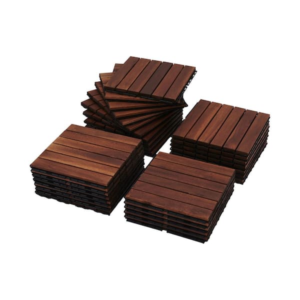 Unbranded 30-Pieces 12 in. Inter Locking Square Acacia Hardwood Deck Tiles with Striped Pattern for Outdoor, Patio, Bancony