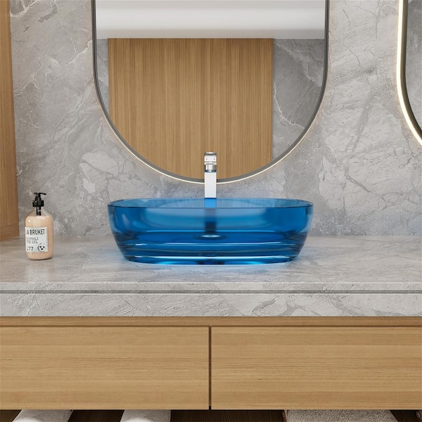 INSTER Iridescent 22.8 in. W Transparent Blue Solid Surface Rectangle Vessel Sink in Sky Blue (Drain Not Included)