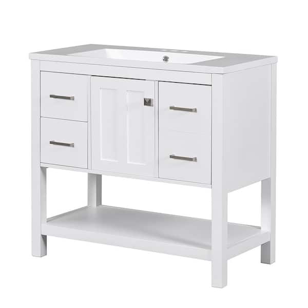 FAMYYT 36 in. W x 18 in. D x 34 in. H Single Sink Freestanding Bath Vanity in White with White Cultured Marble Top with USB