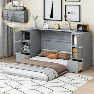 Gray Wood Frame Full Size Murphy Bed with USB Charging Station, Stool, Storage Drawers, Cabinets