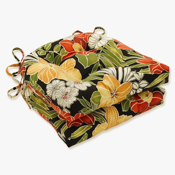 Pillow Perfect Floral 16 in. x 15.5 in. Outdoor Dining Chair Cushion in Black/Green (Set of 2)