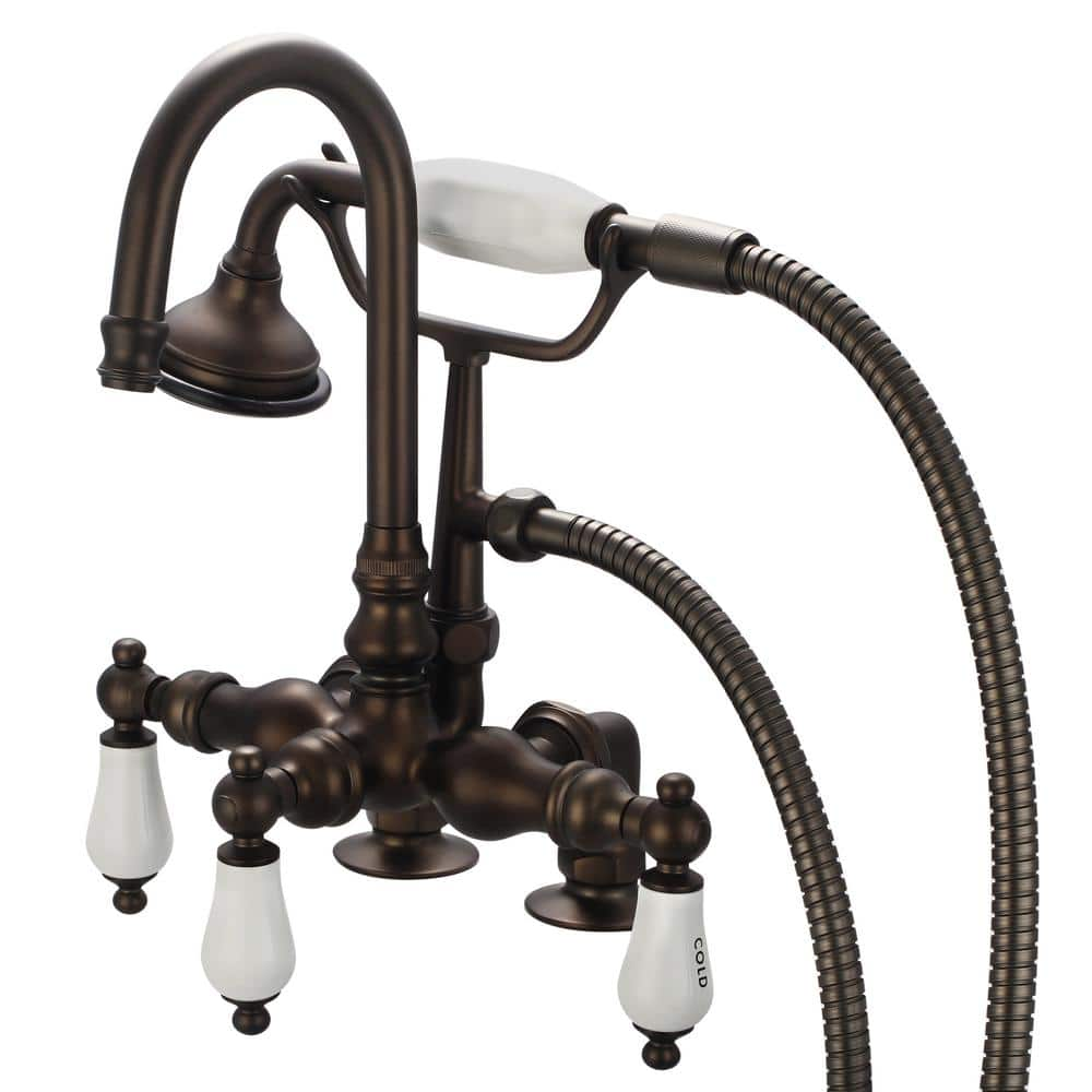 Water Creation 3-Handle Claw Foot Tub Faucet with Labeled Porcelain Lever Handles and Handshower in Oil Rubbed Bronze